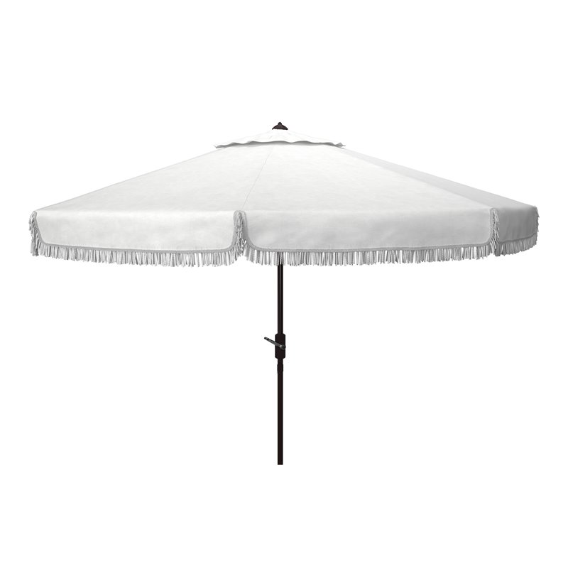 Safavieh Milan Fringe 11ft Round Crank Polyester/Metal Umbrella in White