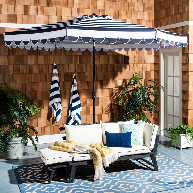 Safavieh Vienna 11ft Round Crank Metal Umbrella in Navy and White