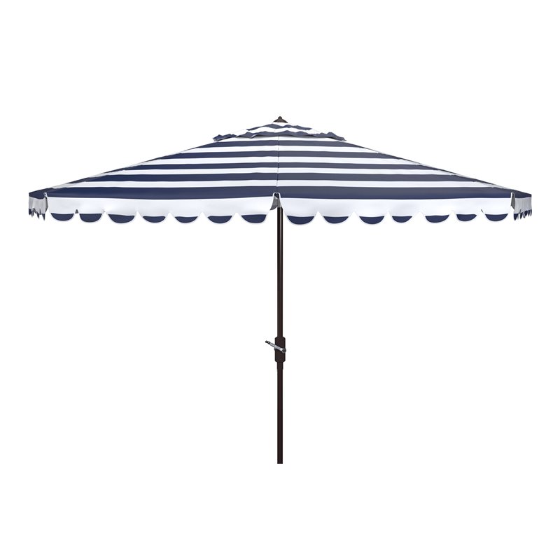 Safavieh Vienna 11ft Round Crank Metal Umbrella in Navy and White