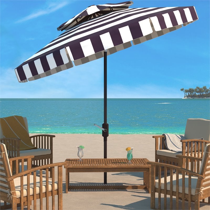 Safavieh Elsa Fashion Line 9ft Metal Double Top Market Umbrella in Navy/White