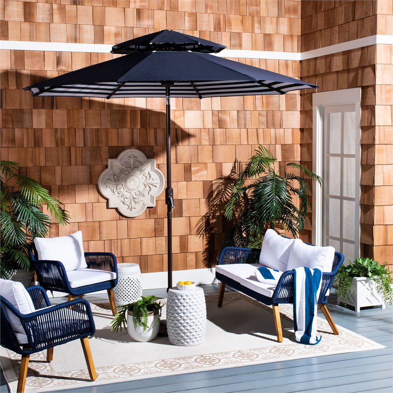Safavieh Athens 9ft Metal/Polyester Double Top Crank Umbrella in Navy and White