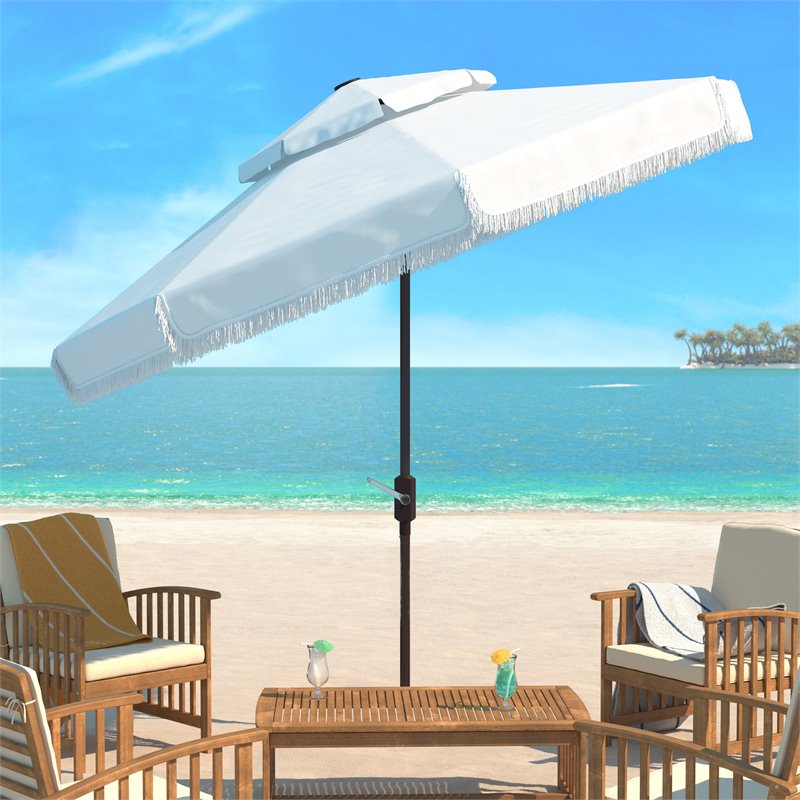 Safavieh Milan Fringe 9ft Metal/Polyester Double Top Crank Umbrella in White