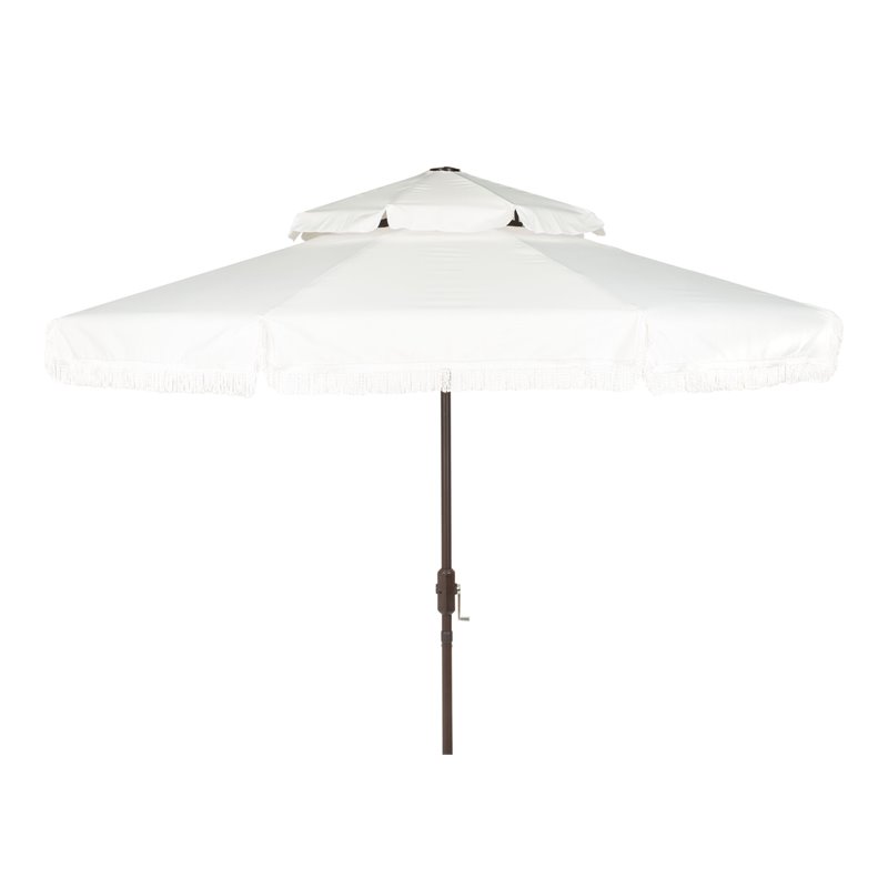 Safavieh Milan Fringe 9ft Metal/Polyester Double Top Crank Umbrella in White