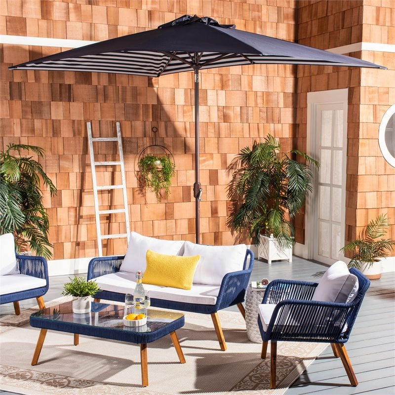 Safavieh Athens 6.5x10ft Rectangle Crank Metal/Polyester Umbrella in Navy/White