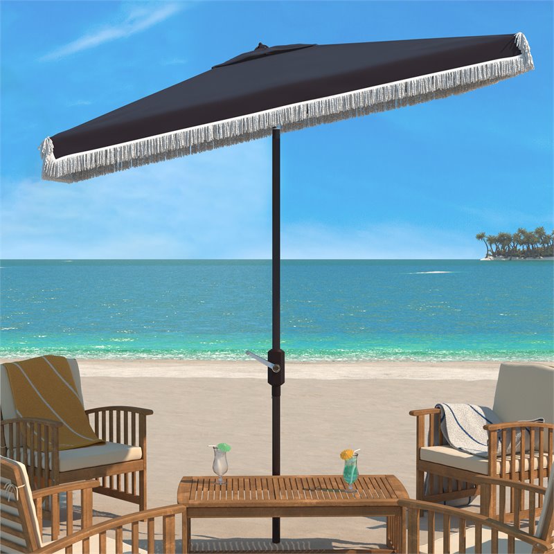 Safavieh Milan Fringe 6.5x10ft Rectangle Crank Metal/Polyester Umbrella in Navy