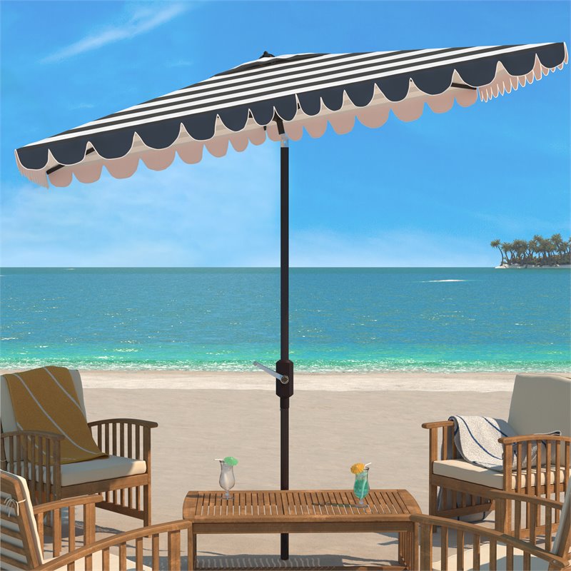 Safavieh Vienna 6.5x10ft Metal/Polyester Rectangle Crank Umbrella in Navy/White