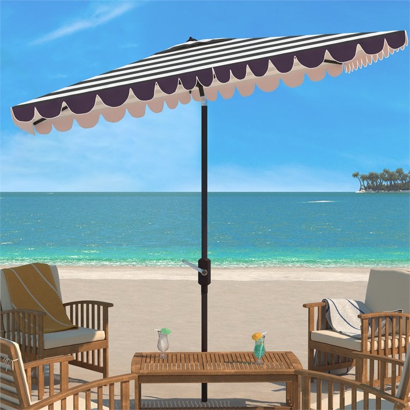 Safavieh Vienna 6.5x10ft Metal/Polyester Rectangle Crank Umbrella in Black/White