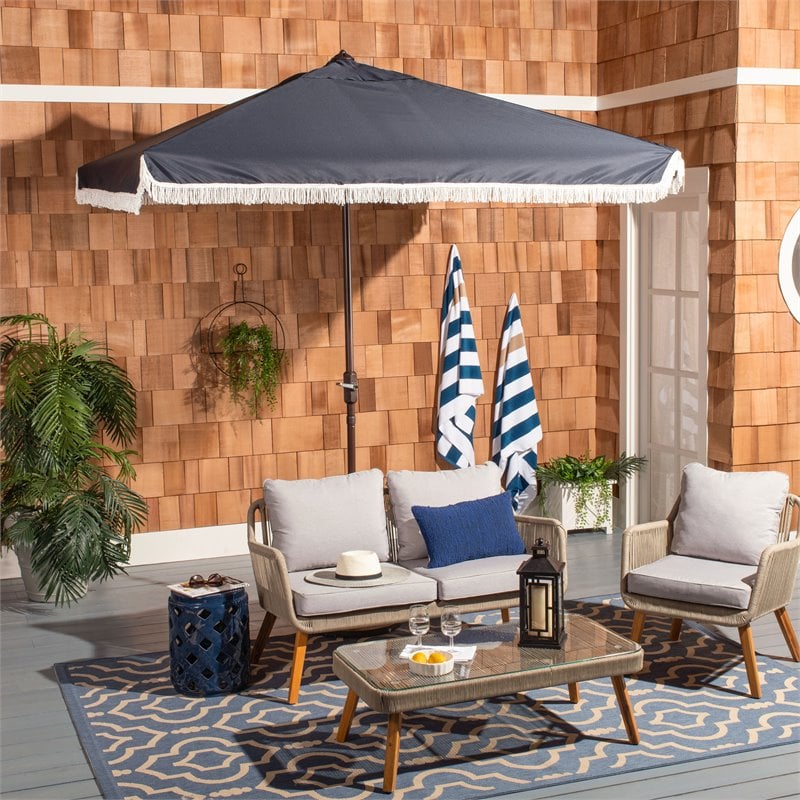 Safavieh Milan Fringe 7.5ft Square Metal/Polyester Market Umbrella in Navy