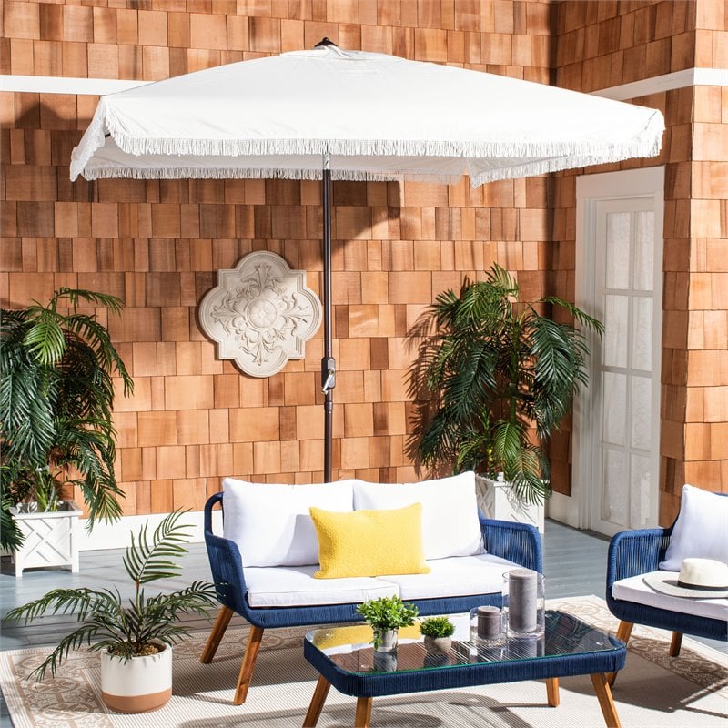 Safavieh Milan Fringe 7.5ft Square Metal/Polyester Market Umbrella in White