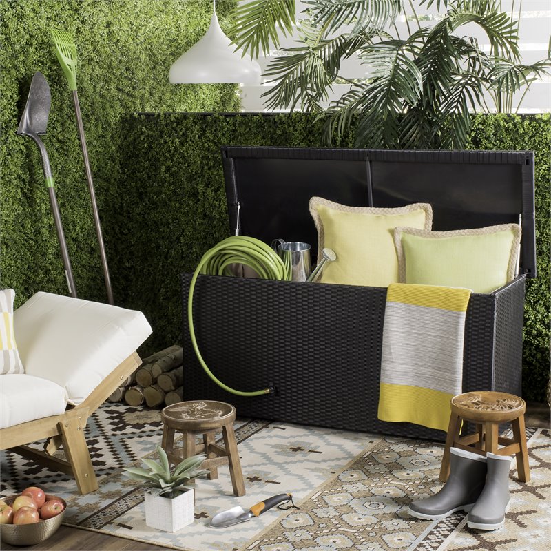 Safavieh Cosima Contemporary Wood Outdoor Cushion Box in Black