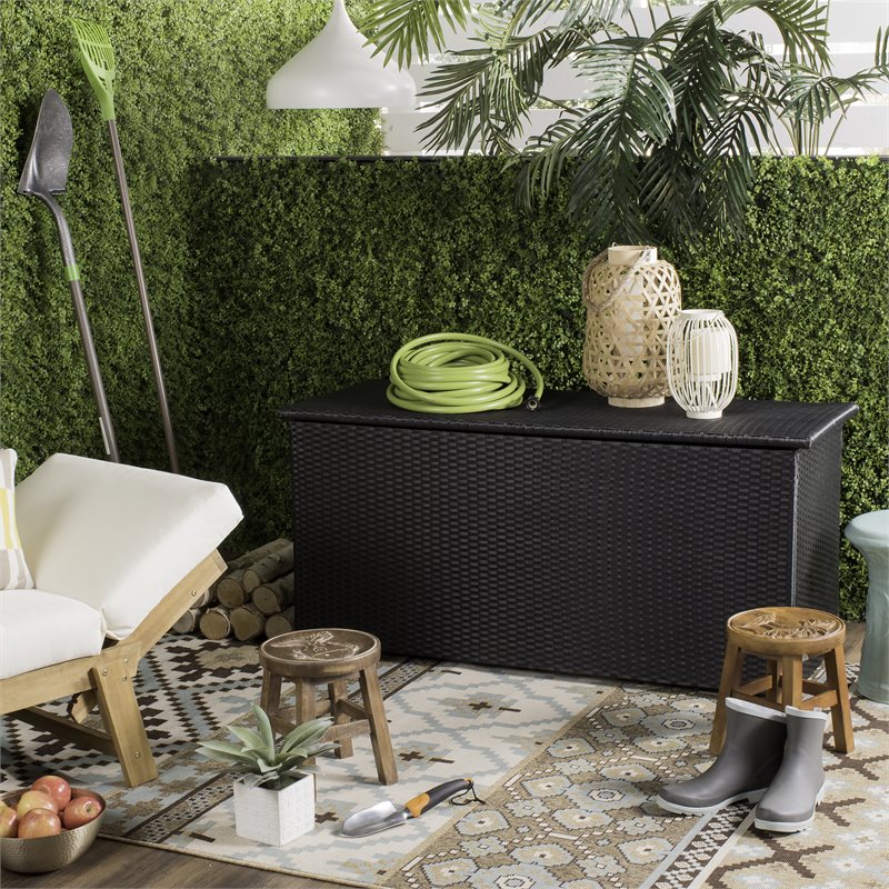 Safavieh Cosima Contemporary Wood Outdoor Cushion Box in Black