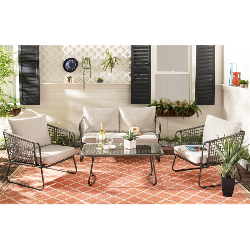 Safavieh Benjin 4-Piece Rattan/Polyester Outdoor Living Set in Gray/Beige