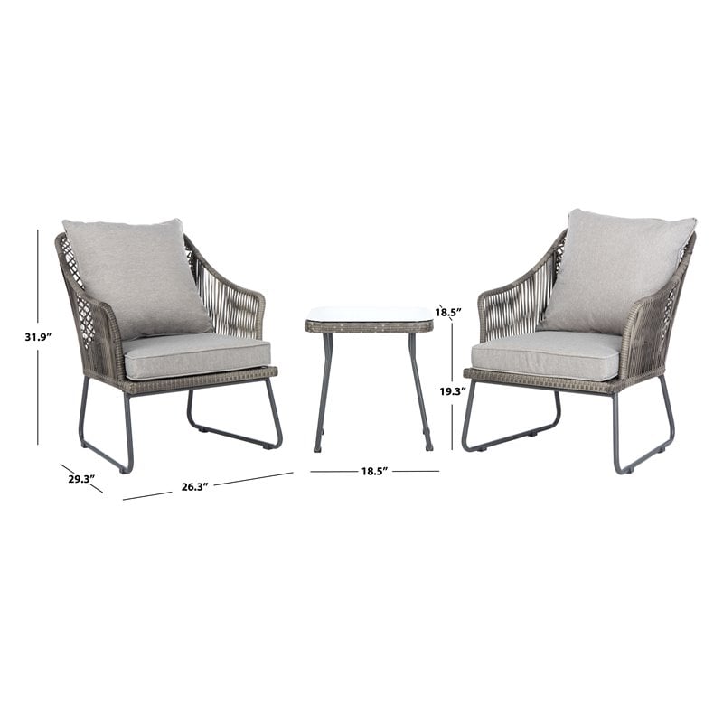 Safavieh Jensen 3-Piece Rattan/Steel/Polyester Lounge Set in Gray