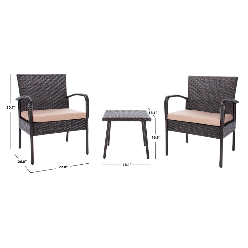 safavieh moore 3-piece pe rattan wicker & polyester lounge set in black/beige