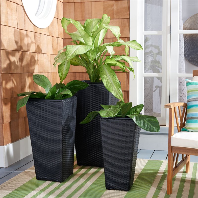 Safavieh Lendson 3-Piece Polyester and PE Rattan Flower Pot Set in Black