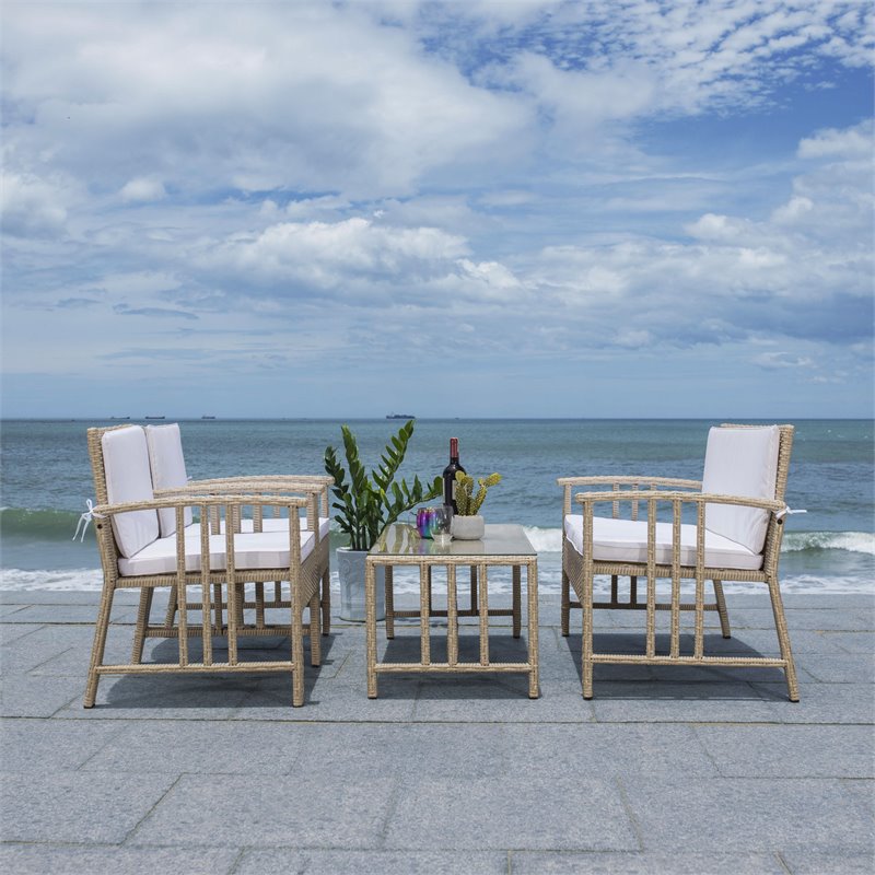 Safavieh Reslor 4-Piece Polyester Fabric/Foam Living Set in Beige/White Cushion