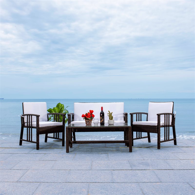 Safavieh Reslor 4-Piece Polyester Fabric/Foam Living Set in Brown/White Cushion