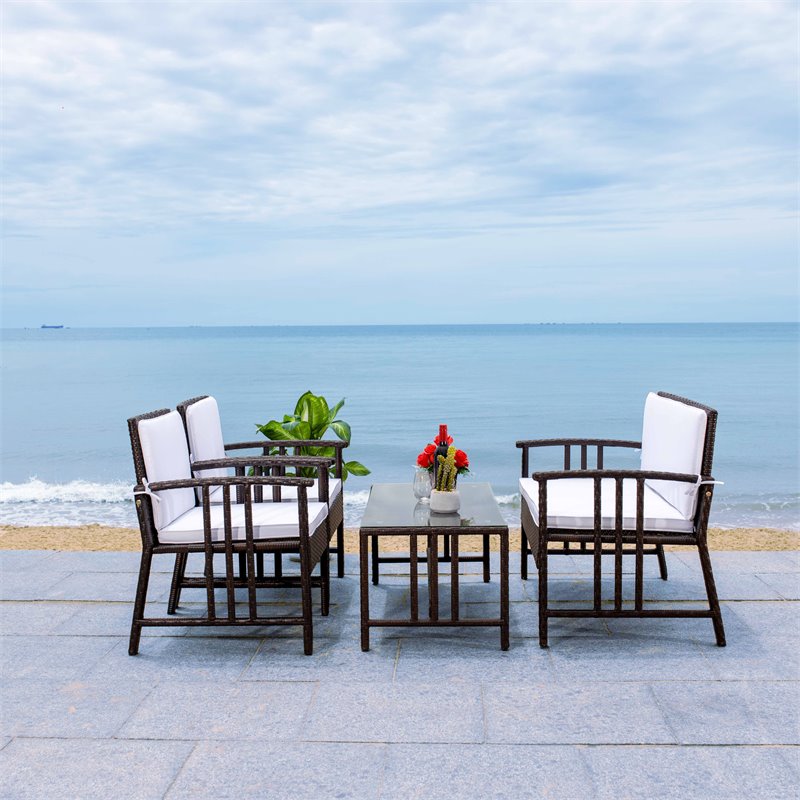 Safavieh Reslor 4-Piece Polyester Fabric/Foam Living Set in Brown/White Cushion