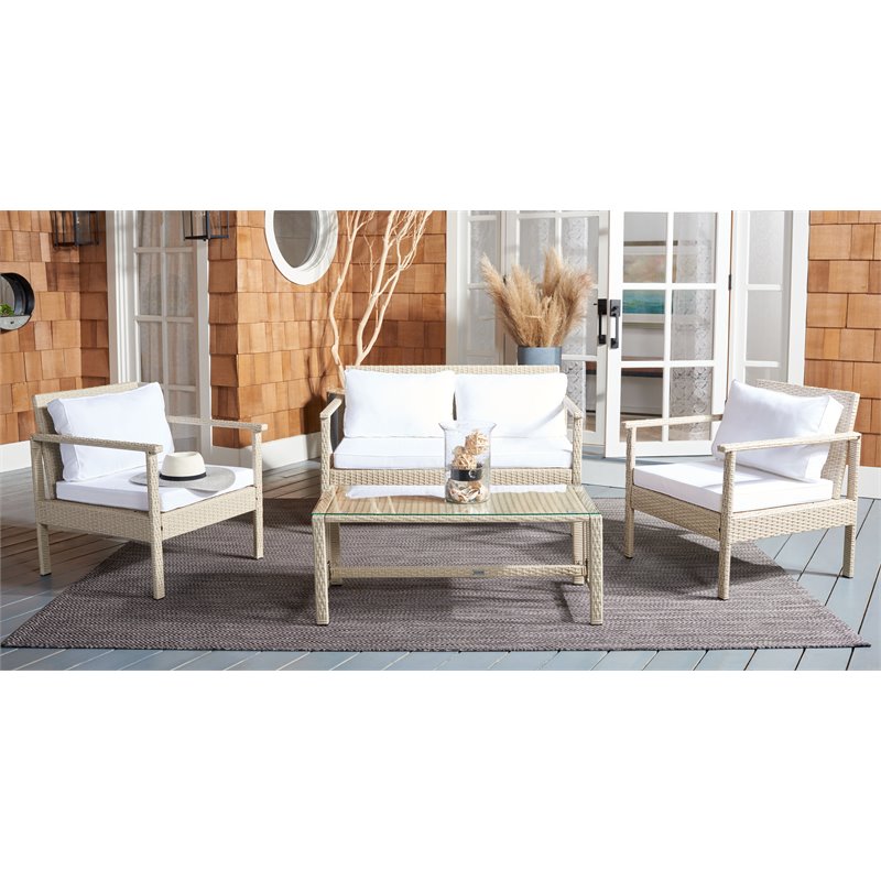 Safavieh Garnen 4-Piece Polyester Fabric/Foam Living Set in Beige/White Cushion
