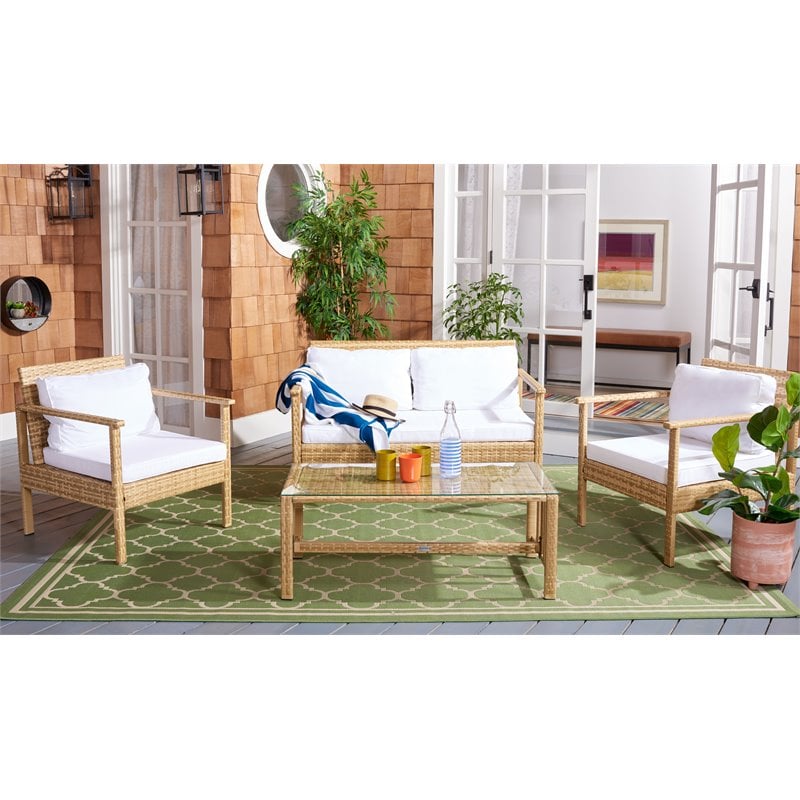 Safavieh Garnen 4-Piece Polyester Fabric Living Set in Natural/White Cushion