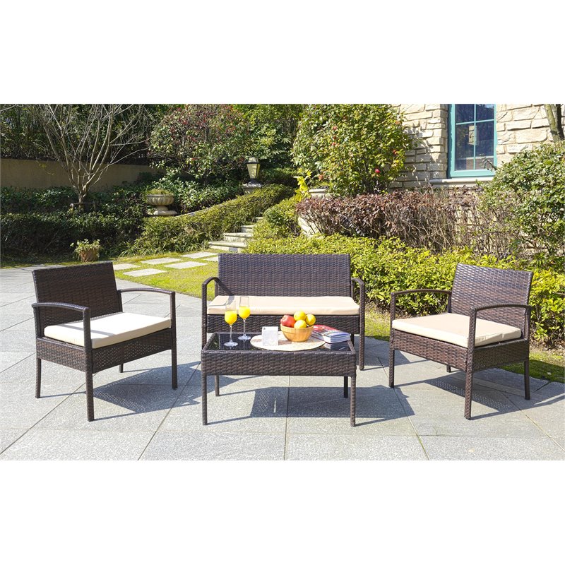 Safavieh Mattia 4-Piece Wood Outdoor Lounge Set in Brown and Beige