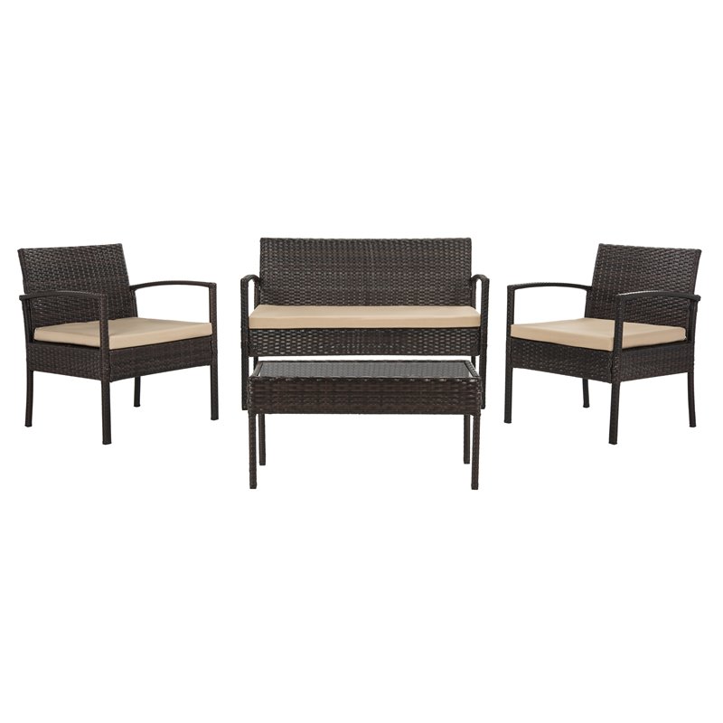 Safavieh Mattia 4-Piece Wood Outdoor Lounge Set in Brown and Beige