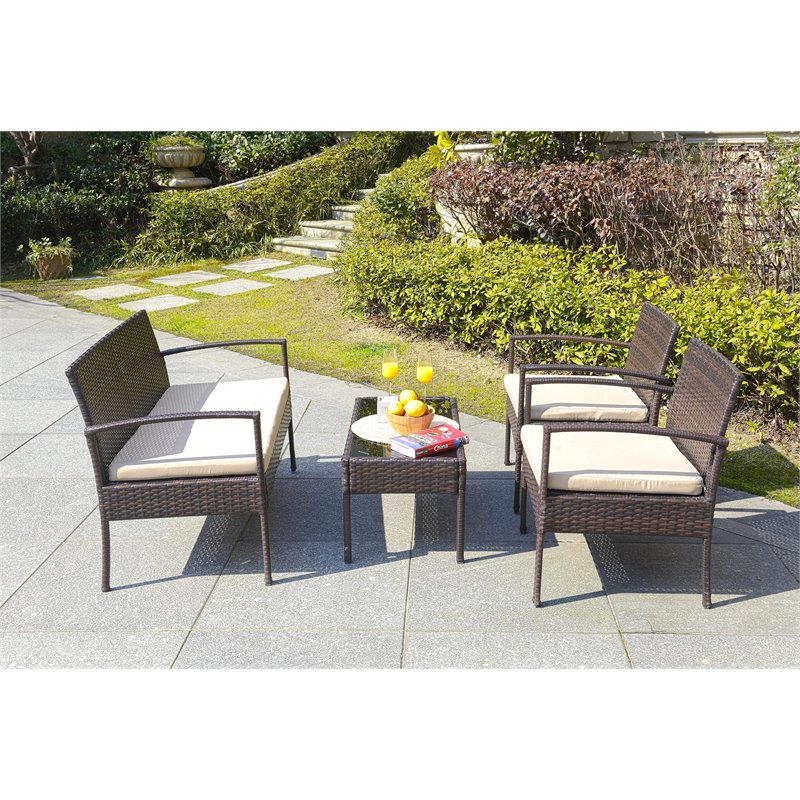 Safavieh Mattia 4-Piece Wood Outdoor Lounge Set in Brown and Beige