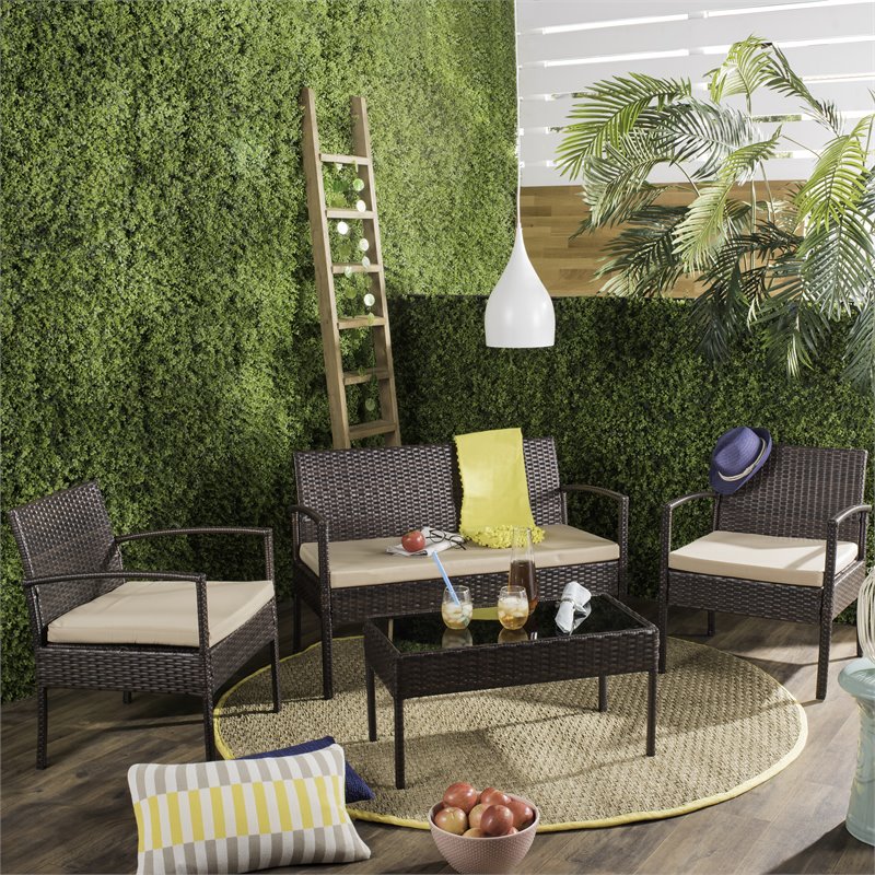 Safavieh Mattia 4-Piece Wood Outdoor Lounge Set in Brown and Beige