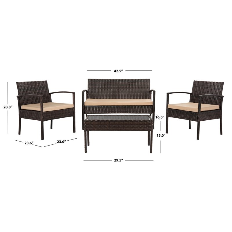 Safavieh Mattia 4-Piece Wood Outdoor Lounge Set in Brown and Beige