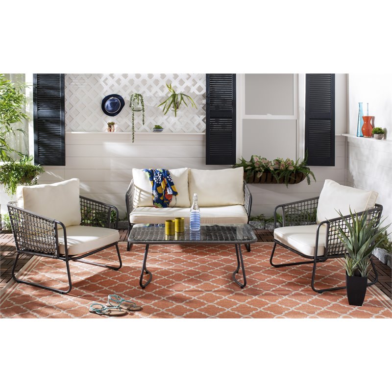 Safavieh Benjin 4-Piece Rattan/Polyester Outdoor Living Set in Gray/White
