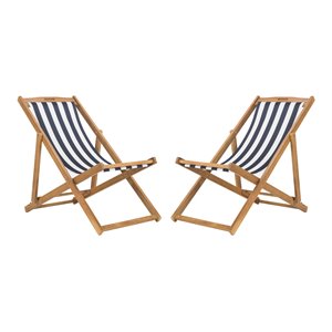 Safavieh Loren Eucalyptus Wood Outdoor Sling Chair in Navy and White (Set of 2)