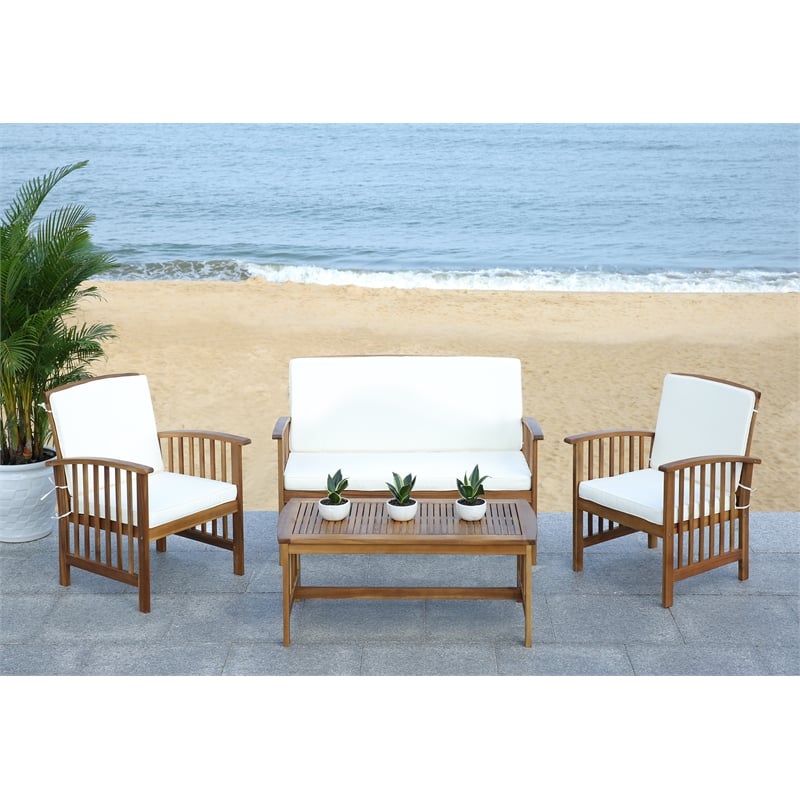 Safavieh Rocklin Wood 4 Pc Outdoor Set  in Natural / Beige