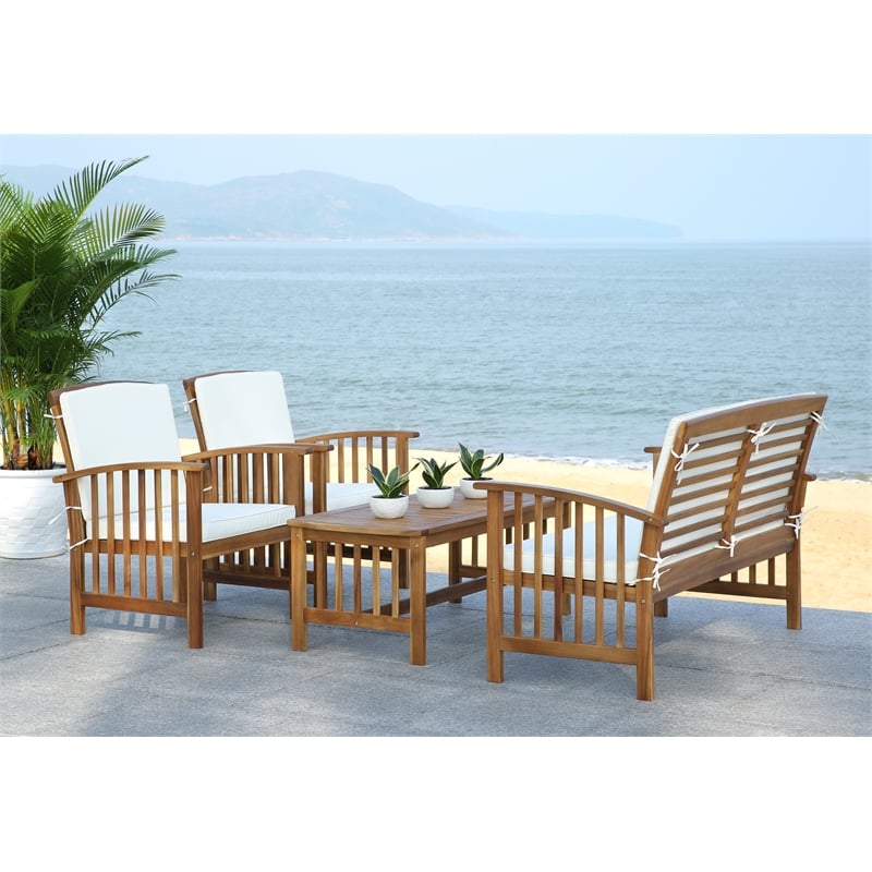 Safavieh Rocklin Wood 4 Pc Outdoor Set  in Natural / Beige