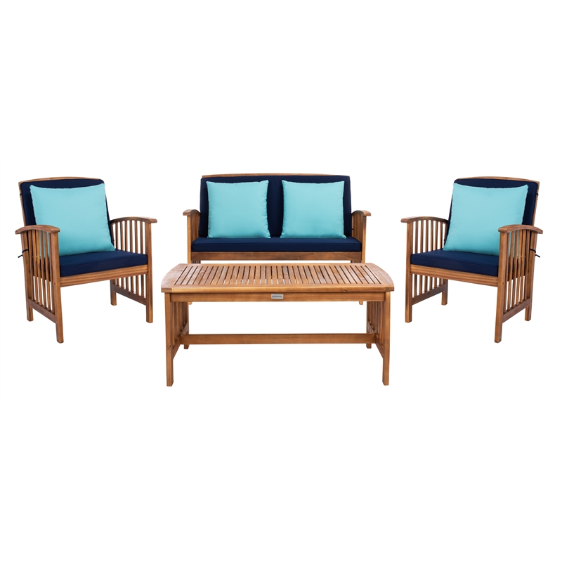 Safavieh Rocklin 4-Piece Acacia Wood Outdoor Set in Natural / Navy