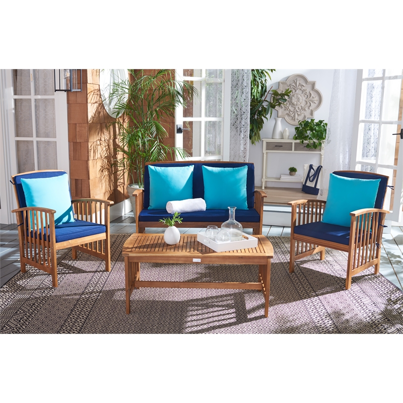 Safavieh Rocklin 4-Piece Acacia Wood Outdoor Set in Natural / Navy