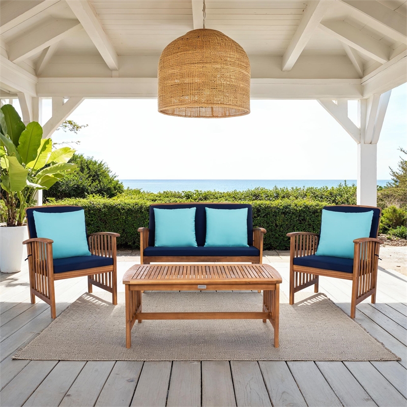 Safavieh Rocklin 4-Piece Acacia Wood Outdoor Set in Natural / Navy