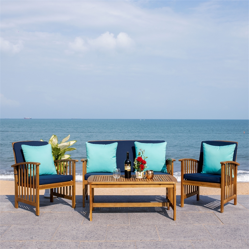 Safavieh Rocklin 4-Piece Acacia Wood Outdoor Set in Natural / Navy