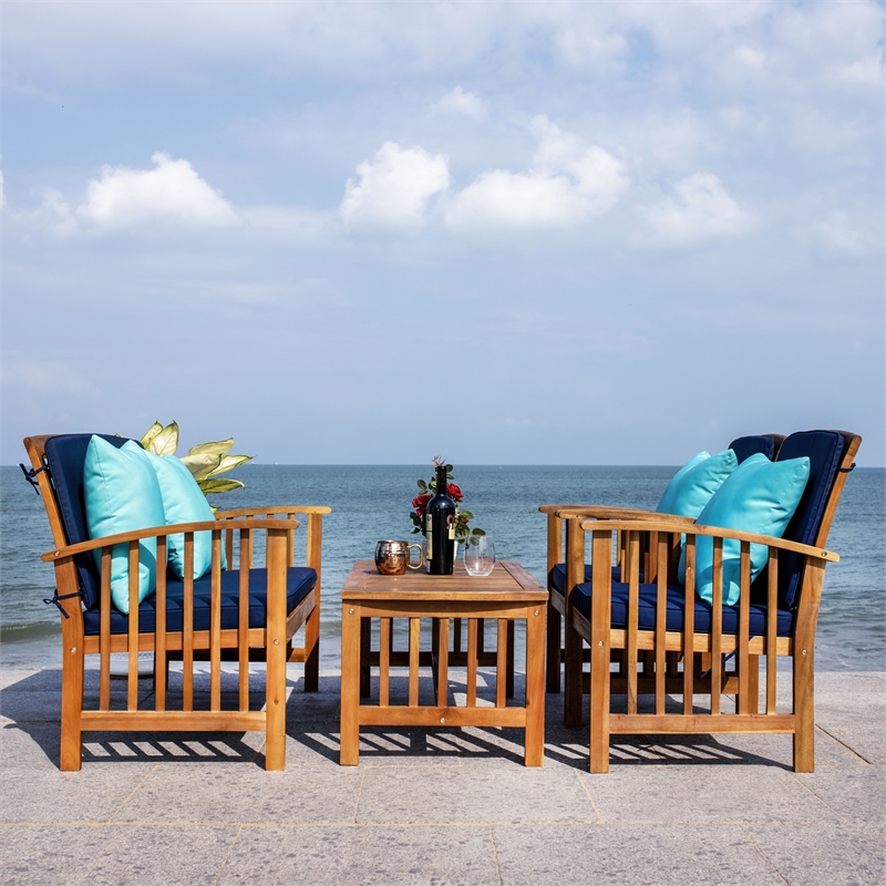 Safavieh Rocklin 4-Piece Acacia Wood Outdoor Set in Natural / Navy