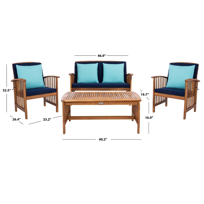 Safavieh Rocklin 4-Piece Acacia Wood Outdoor Set in Natural / Navy