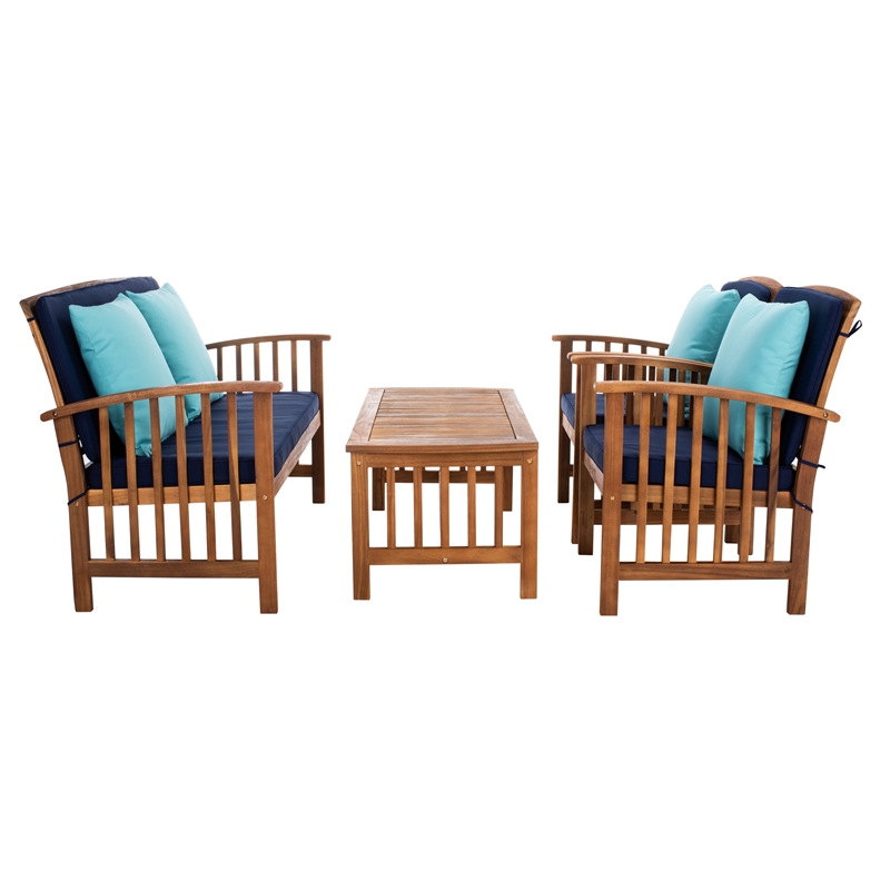 Safavieh Rocklin 4-Piece Acacia Wood Outdoor Set in Natural / Navy