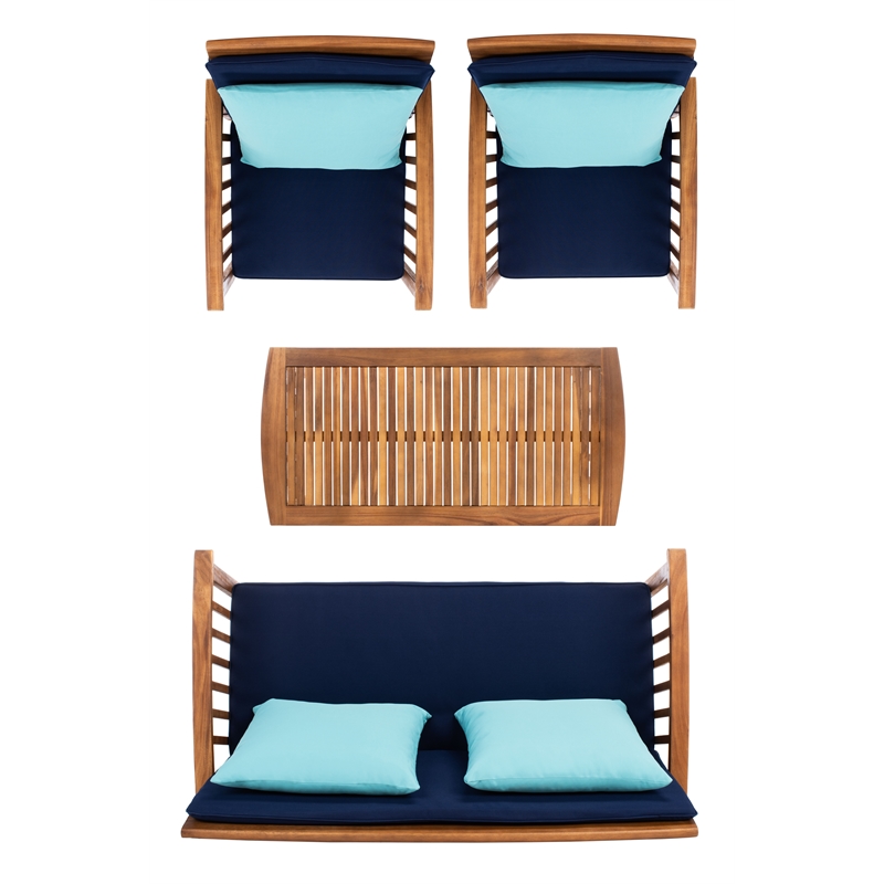 Safavieh Rocklin 4-Piece Acacia Wood Outdoor Set in Natural / Navy