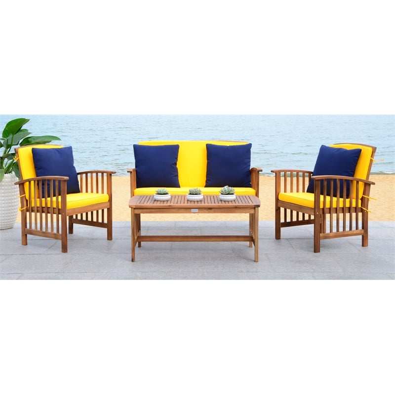 Safavieh Rocklin 4-Piece Acacia Wood Outdoor Set in Natural / Yellow