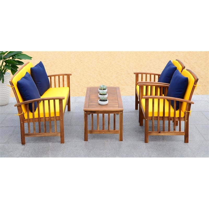 Safavieh Rocklin 4-Piece Acacia Wood Outdoor Set in Natural / Yellow