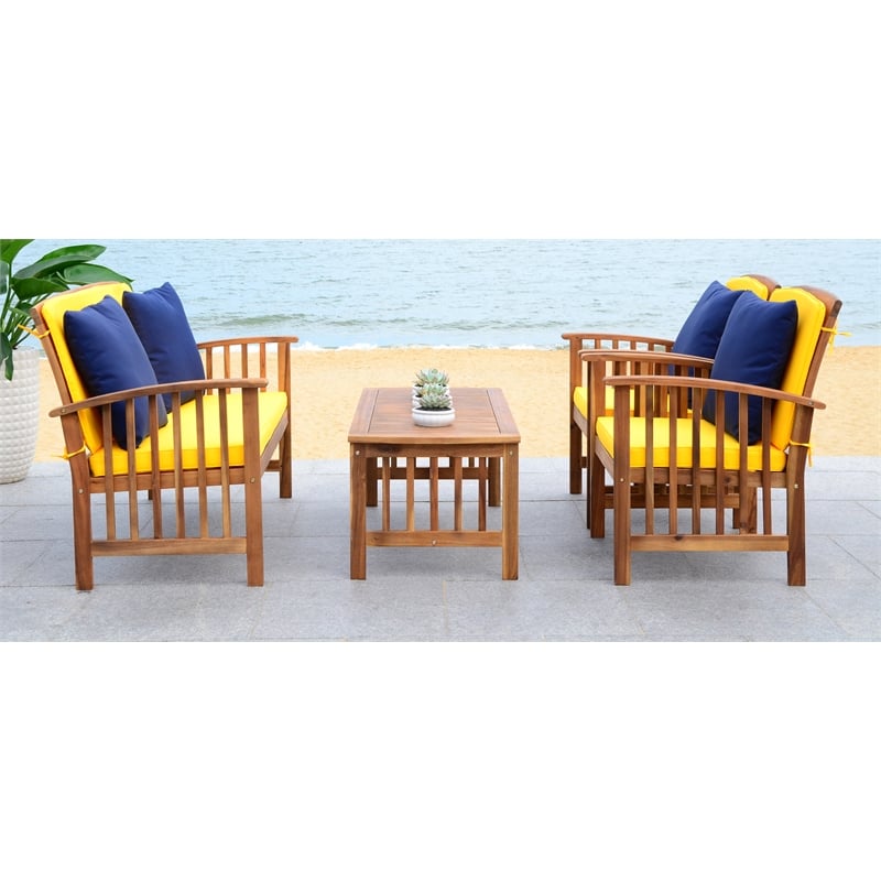 Safavieh Rocklin 4-Piece Acacia Wood Outdoor Set in Natural / Yellow