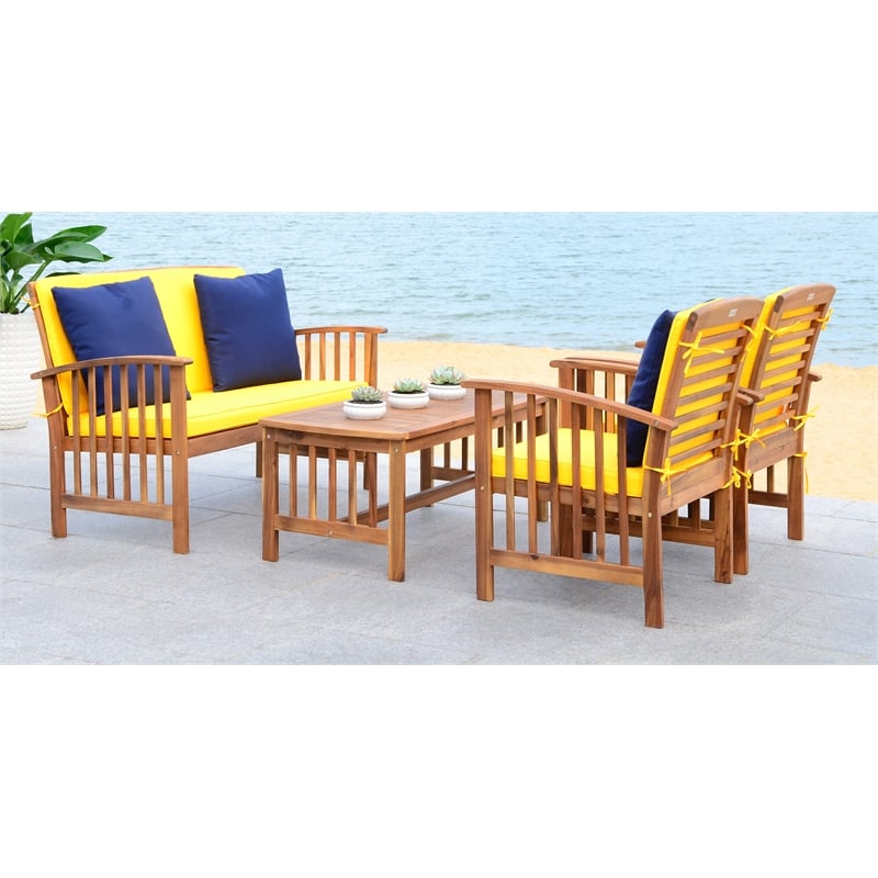 Safavieh Rocklin 4-Piece Acacia Wood Outdoor Set in Natural / Yellow