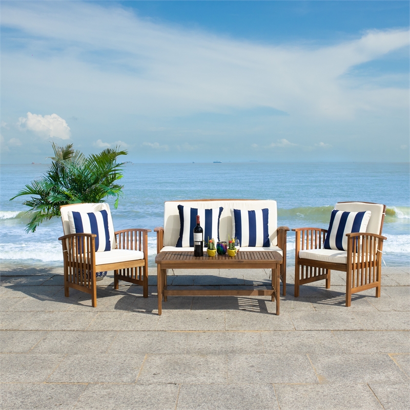 Safavieh Rocklin 4-Piece Acacia Wood Outdoor Set in Natural / Beige /Navy/White