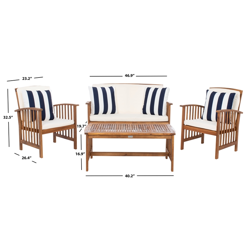 Safavieh Rocklin 4-Piece Acacia Wood Outdoor Set in Natural / Beige /Navy/White