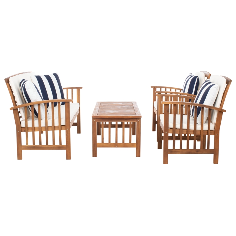 Safavieh Rocklin 4-Piece Acacia Wood Outdoor Set in Natural / Beige /Navy/White