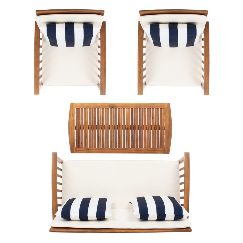 Safavieh Rocklin 4-Piece Acacia Wood Outdoor Set in Natural / Beige /Navy/White