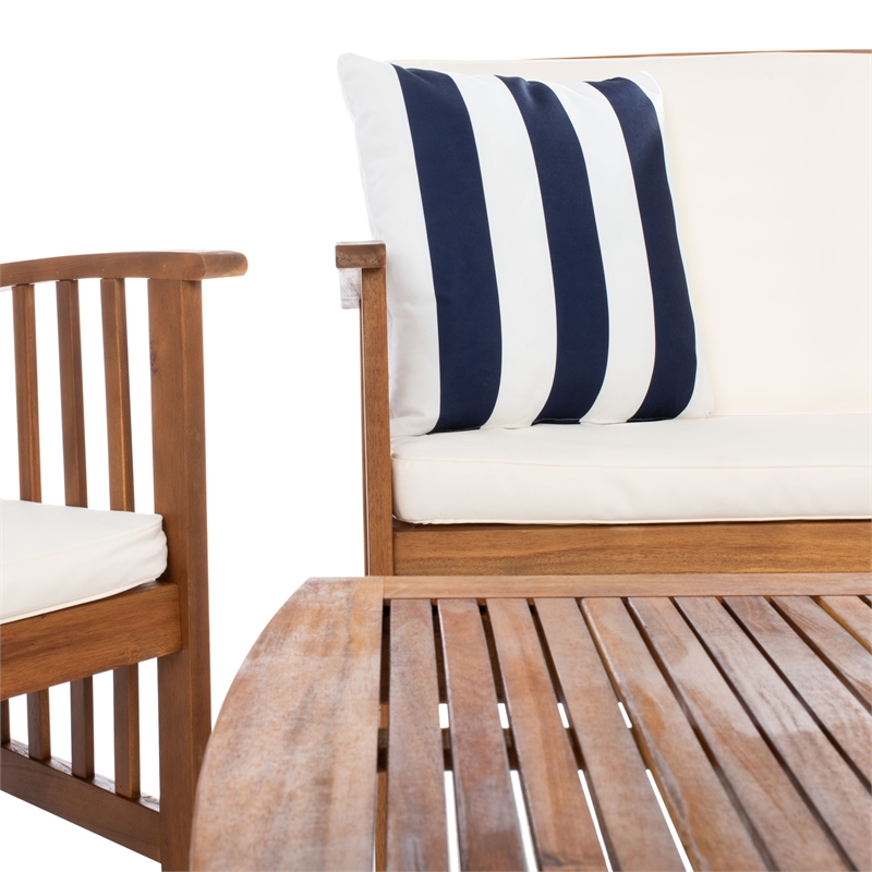 Safavieh Rocklin 4-Piece Acacia Wood Outdoor Set in Natural / Beige /Navy/White